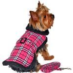 Hot Pink Plaid with Black Thick Fur Collar Harness Coat (Size: large)