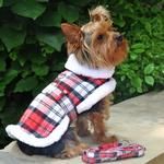 Plaid Fur -Trimmed Dog Harness Coat by Doggie Design- Red and White (Size: large)